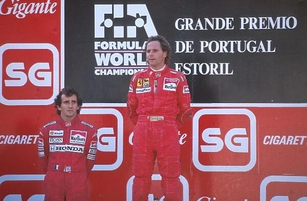 Formula One World Championship: Winner Gerhard Berger Ferrari 640, on the podium with 2nd place Alain Prost and 3rd place Stefan Johansson