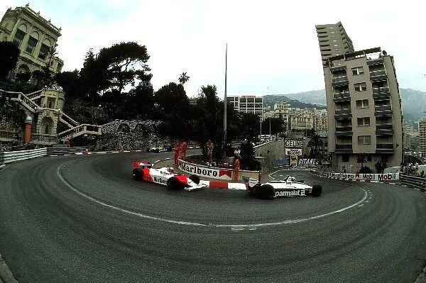 Formula One World Championship: Winner Ricardo Patrese Brabham BT49D, leads John Watson McLaren MP4B