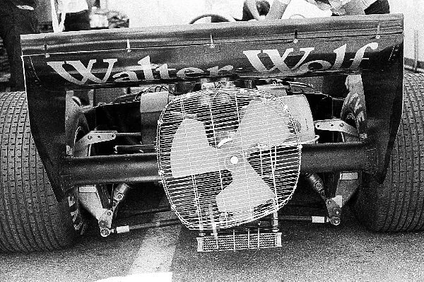 Formula One World Championship: The Wolf WR5 of Jody Scheckter is amusingly modified with a desk fan in an attempt to mimic the controversial Brabham fan car