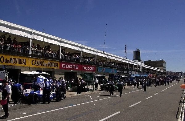 The pit lane of the Circuit Gilles Villeneuve prior to practice for the Molson Indy Montreal