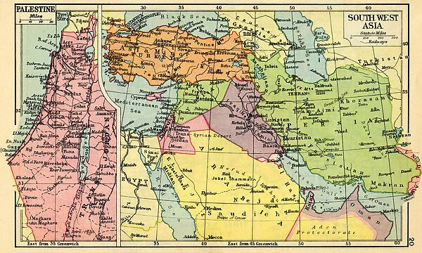 A 1930s Map Of Palestine, Left And South West Asia, Right