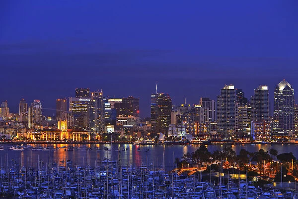 Aerial View Of San Diego Skyline With Harbor Island Boats In The Foreground; San Diego, California, United States of America