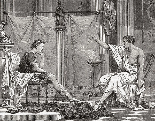 Aristotle tutoring the young Alexander the Great. Alexanders father, Philip II, King of Macedon, hired the respected Greek philosopher to educate his son. Alexander III of Macedon, known as Alexander the Great, 356 BC - 323 BC. Aristotle, 384 BC - 322 BC. After a 19th century wood engraving; Artwork