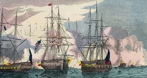 The Battle of Plattsburgh, aka the Battle of Lake Champlain - Macdonoughs victory, 6-11 September 1814. From An Illuminated History of North America, from the earliest period to the present time, published 1860