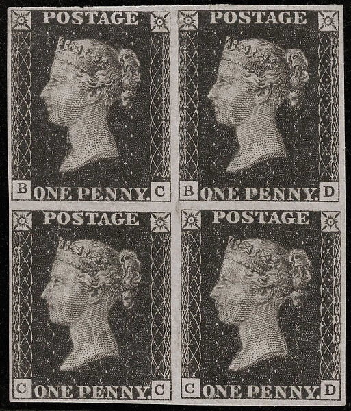 A block of four Penny Black postage stamps. The Penny Black was the worlds first adhesive postage stamp. The stamp, featuring a portrait of Queen Victoria, was issued on May 1, 1840; Illustration