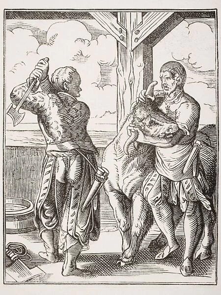 The Butcher And His Servant. 19Th Century Reproduction Of 16Th Century Engraving By Jost Amman
