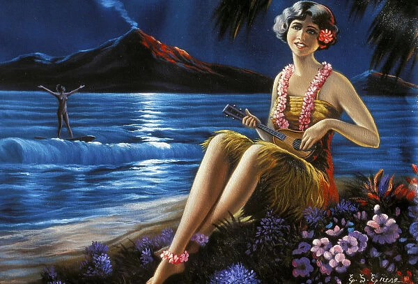 C.1930-1940 Hawaii, Art, Ukulele Girl On Beach, Moonlit Surfer, Volcano Background