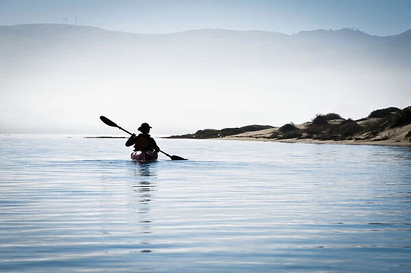 California, Morro Bay State Park, Woman Kayaking In Ocean, Silhouette