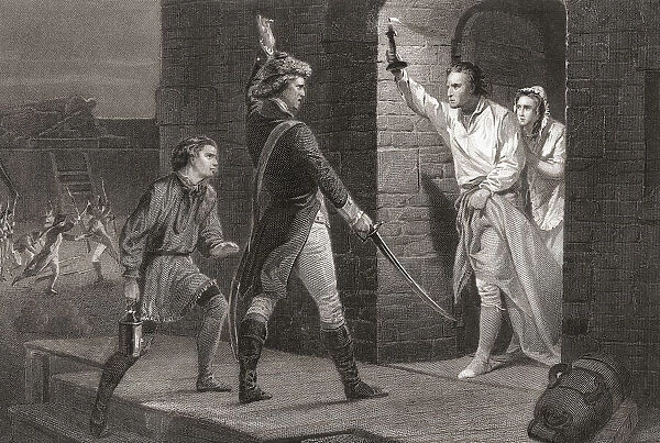 The capture of Fort Ticonderoga, May 10, 1775. An incident during the first months of the American Revolutionary War when a small force of American patriots led by Ethan Allen and Benedict Arnold surprised and took possession of the fort and its British garrison. The engraving shows Ethan Allen demanding the surrender of the fort from Captain William Delaplace, the British commander. No man from either side was killed in the action