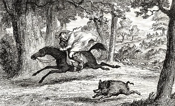 Cardinal John of Belue Chasing A Boar Engraving By George Cruikshank Dated 1845 Of A Scene From Sir Walter Scotts Novel Quentin Durward