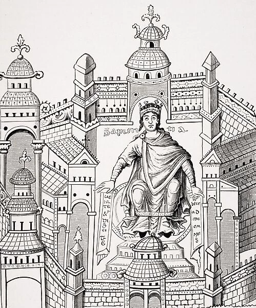 Carlovingian King In His Palace Personifying Wisdom Appealing To The Whole Human Race. Copy Of Miniature From 9Th Century Manuscript From Drawing By Count Horace De Vielcastel