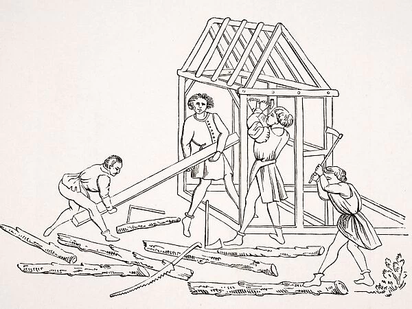 Carpenters. 19Th Century Reproduction Of Miniature In 15Th Century Manuscript Chroniques De Jainaut