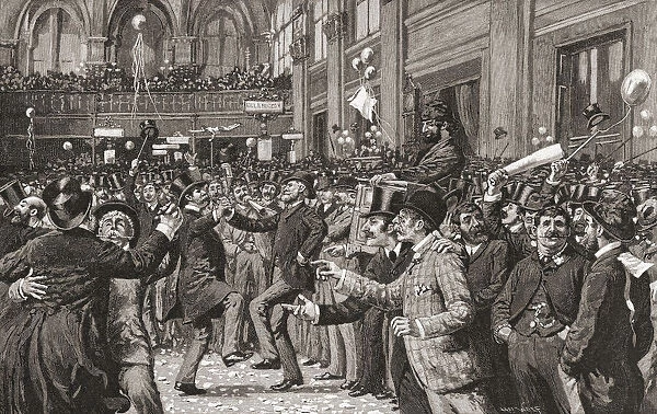 Christmas Carnival In The New York Stock Exchange, 1885. After a work by French born American artist Henry Wolf in Harpers Magazine; Illustration