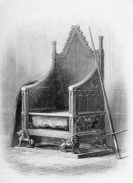 The Coronation Chair In Westminster Abbey. Made For King Edward I To Enclose The Famous Stone Of Scone In 1300-L. From The Book The Queens Of England, Volume I By Sydney Wilmot. Published London Circa. 1890