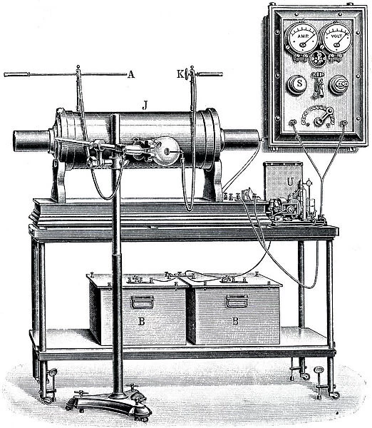 Engraving depicting a general view of early xray apparatus, 20th century