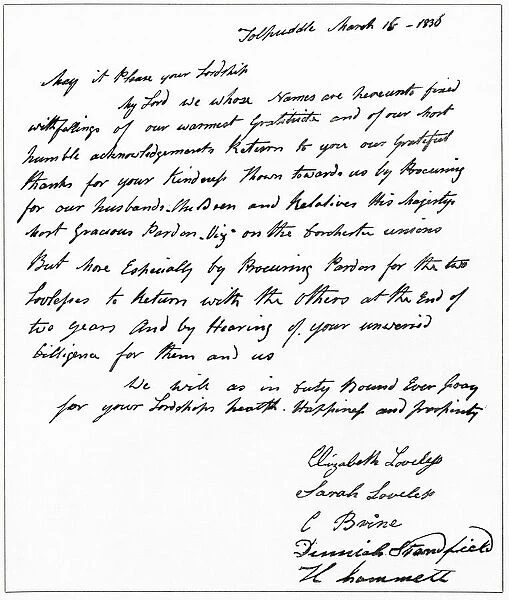 Facsimile of a letter from the wives of the Tolpuddle Martyrs to Lord John Russell thanking him for his part in bringing about the pardons for their husbands. The Tolpuddle Martyrs, a group of 19th-century Dorset agricultural labourers who were arrested for and convicted of swearing a secret oath as members of the Friendly Society of Agricultural Labourers, they were sentenced to penal transportation to Australia and Tasmania. From The Martyrs of Tolpuddle, published 1934