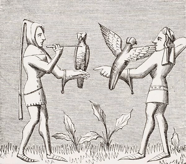 Falconers Dressing Their Birds. 19Th Century Reproduction Of Miniature In 14Th Century Manuscript Livre Du Roy Modus By Henri De FerriA┼íres