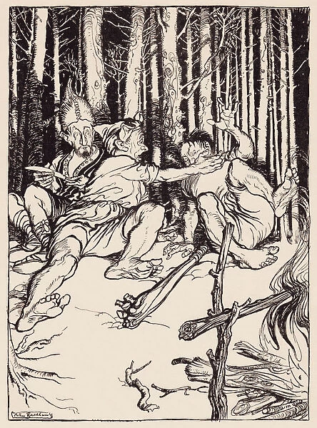 The Giant Gave The One Who Was Sitting Next To Him A Box On The Ear. Illustration By Arthur Rackham From Grimms Fairy Tale, The Skillful Huntsman