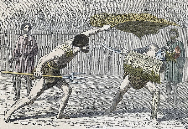 Gladiatorial combat between a Retiarius, or net man, on the left and a Samnite. After a mid-19th century illustration by an unidentified artist; Illustration
