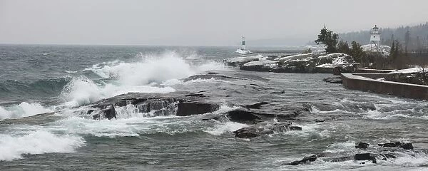 Grand Marais, Minnesota, United States Of America; Large Waves By The Shore In Lake Superior In Winter