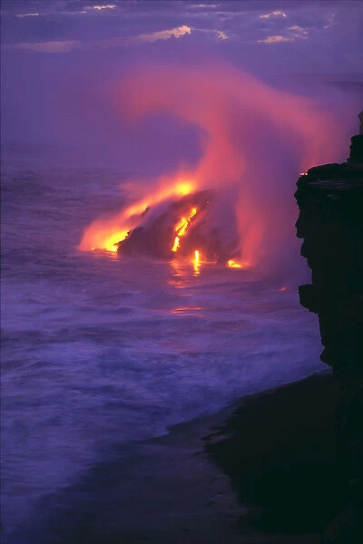 Hawaii, Big Island, Kilauea Volcano, Lava Meets Ocean Action, Glowing In Pink Steamy Skies