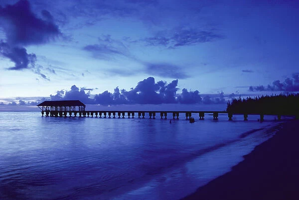 Hawaii, Kauai, Hanalei Bay, Pier At Twilight, Deep Blue Sky And Ocean