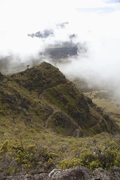 Hawaii, Maui, Haleakala Switchbacks through clouds