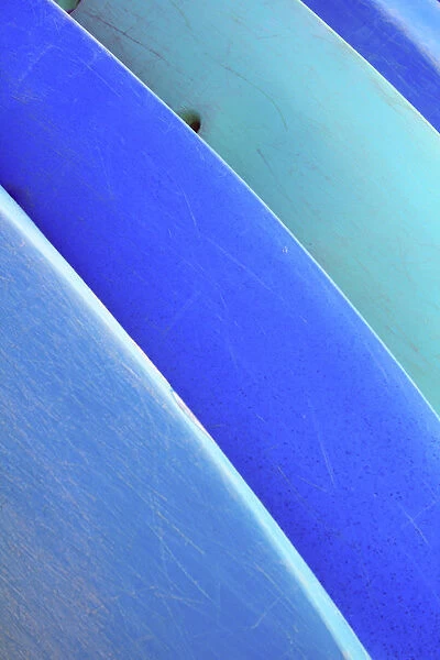 Hawaii, Oahu, Pattern Shot Of Blue Kayaks Stacked On Each Other