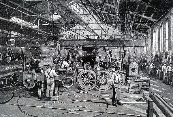 Illustration depicting the erecting shop of the Baldwin Locomotive Works
