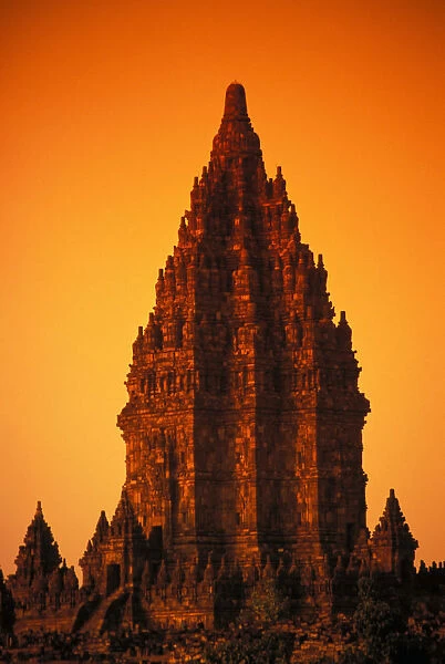 Indonesia, Java, Prambanan, Shiva Mahadeva Temple Stone Architecture At Sunset