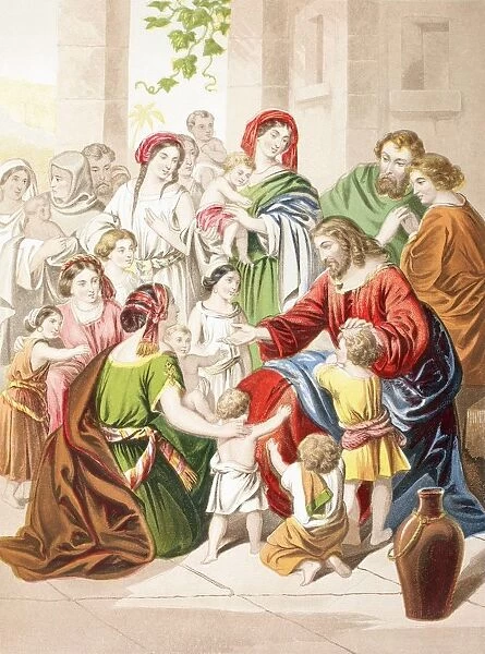 Jesus Blessing Little Children. Suffer The Little Children To Come Unto Me. From The Holy Bible Published By William Collins, Sons, & Company In 1869. Chromolithograph By J. M. Kronheim & Co