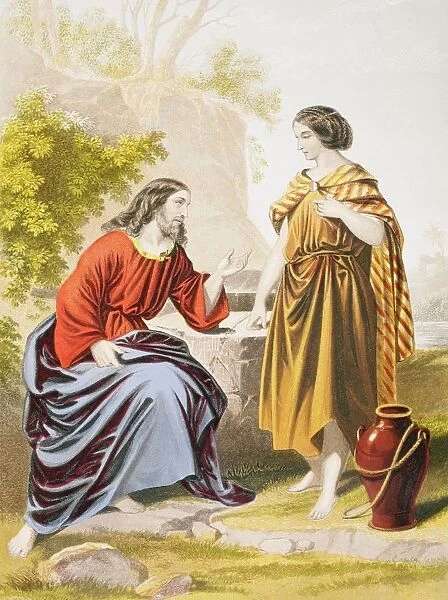 Jesus At The Well With The Woman Of Samaria. From The Holy Bible Published By William Collins, Sons, & Company In 1869. Chromolithograph By J. M. Kronheim & Co