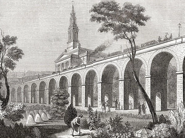 The London and Greenwich Railway (L&GR), opened in London, England between 1836 and 1838. It was the first steam railway in the capital, the first to be built specifically for passengers, and the first entirely elevated railway. From Old England: A Pictorial Museum, published 1847