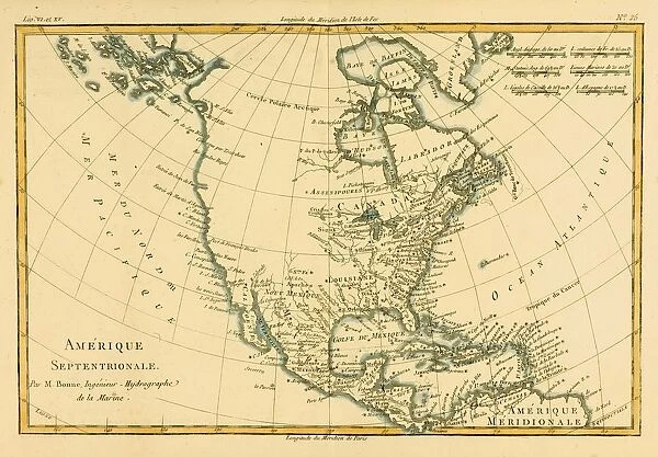 Map Of North America, Circa. 1760. From 'Atlas De Toutes Les Parties Connues Du Globe Terrestre 'By Cartographer Rigobert Bonne. Published Geneva Circa. 1760