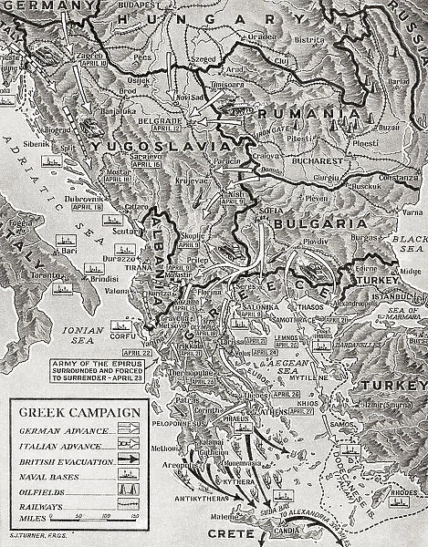 Map showing the German advance in Greece, 6-30 April, 1941. From The War in Pictures, Sixth Year.