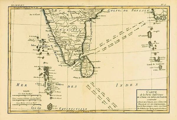 Map Of Southern India, Circa. 1760. From 'Atlas De Toutes Les Parties Connues Du Globe Terrestre 'By Cartographer Rigobert Bonne. Published Geneva Circa. 1760