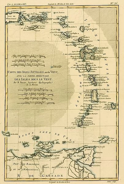 Map Of The West Indies, Circa. 1760. From 'Atlas De Toutes Les Parties Connues Du Globe Terrestre 'By Cartographer Rigobert Bonne. Published Geneva Circa. 1760
