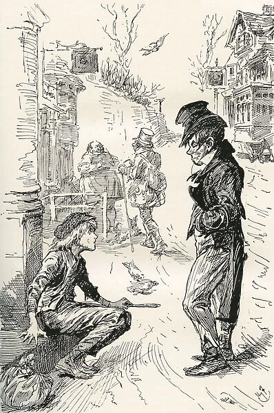 Oliver Falls In With The Artful Dodger. 'Hullo, My Covey, Whats The Row?'Said This Strange Young Gentleman To Oliver. 'I Am Very Hungry And Tired, 'Replied Oliver;The Tears Standing In His Eyes As He Spoke. 'I Have Walked A Long Way. I Have Been Walking These Seven Days. 'Illustration By Harry Furniss For The Charles Dickens Novel Oliver Twist, From The Testimonial Edition, Published 1910