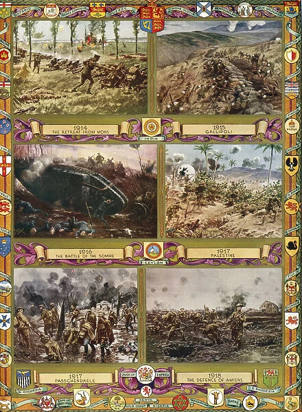 Phases Of The British Armys Part In World War One. From Top Left, The Retreat From Mons, 1914, Gallipoli, 1915, The Battle Of The Somme, 1916, Palestine, 1917, Passchendaele, 1917, The Defence Of Amiens, 1918. From The Illustrated London News, Silver Jubilee Record Number, 1910 - 1935