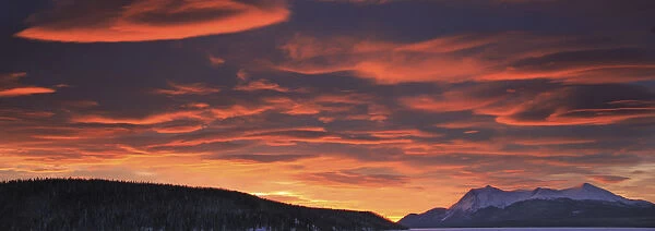 Red Lenticular Clouds Over Teslin Lake And Dawson Peaks At Sunrise, Teslin, Yukon