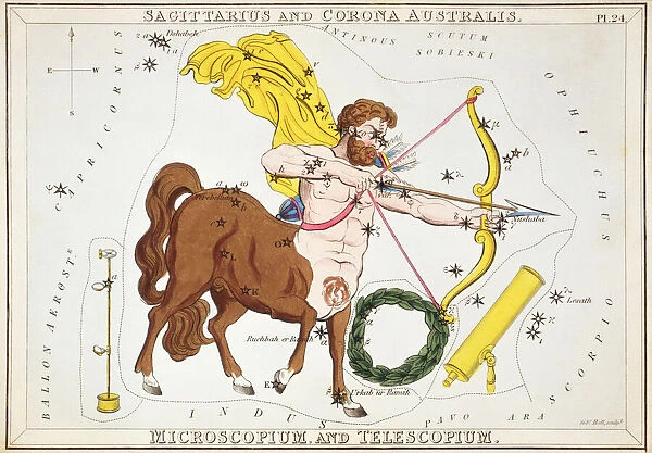 Sagittarius and Corona Australis, Microscopium, and Telescopium. Card Number 24 from Uranias Mirror, or A View of the Heavens, one of a set of 32 astronomical star chart cards engraved by Sidney Hall and publshed 1824