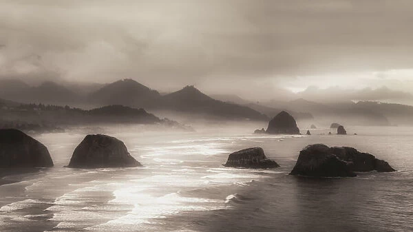 Scenic view of Cannon Beach with the famous rock formations and the Pacific Ocean, Oregon, USA