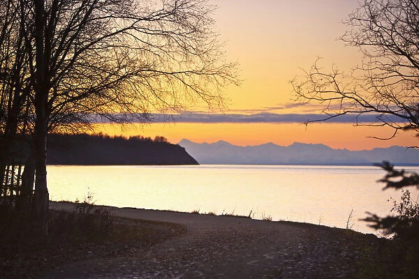 Scenic View Of Cook Inlet Along The Tony Knowles Coastal Trail At Sunset, Anchorage, Southcentral Alaska