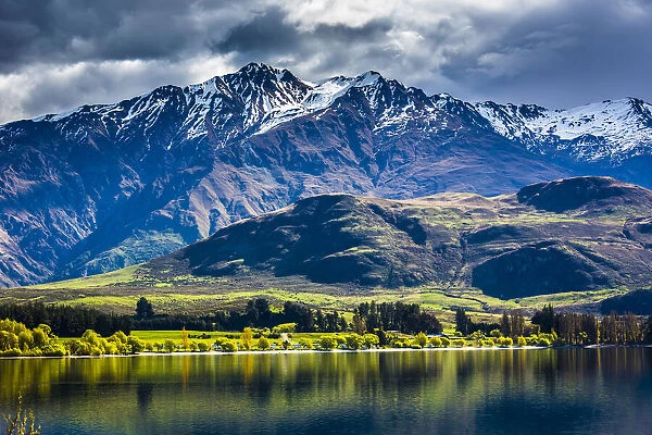 Scenic view of mountains and Glendhu Bay in the Otago Region of New Zealand