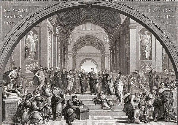The School of Athens. The work shows the greatest academics from all disciplines and eras of the ancient world gathered together under one roof. After a 19th century engraving by English artist Albert Henry Payne from a fresco by Raphael