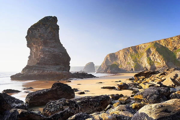 Sea Stacks and Beach at Low Tide, Bedruthan Steps, Cornwall, England
