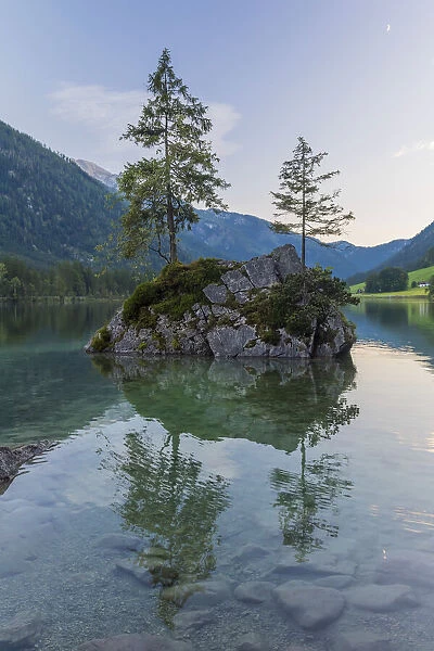 Small rock island with trees on Lake Hintersee with mountains at dawn at Ramsau in the Berchtesgaden National Park in Upper Bavaria, Bavaria, Germany