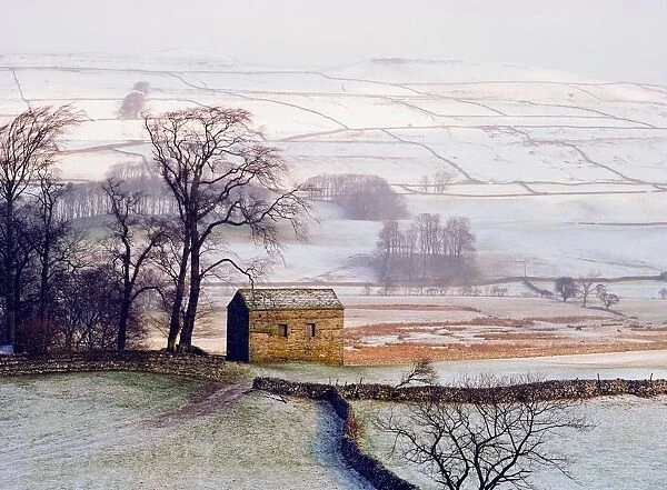 Snowy Landscape With Barn, Elevated View