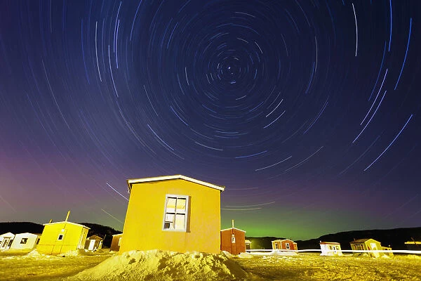 Star Trails And Ice Fishing Huts On Saguenay River; Saguenay Lac-Saint-Jean Quebec Canada