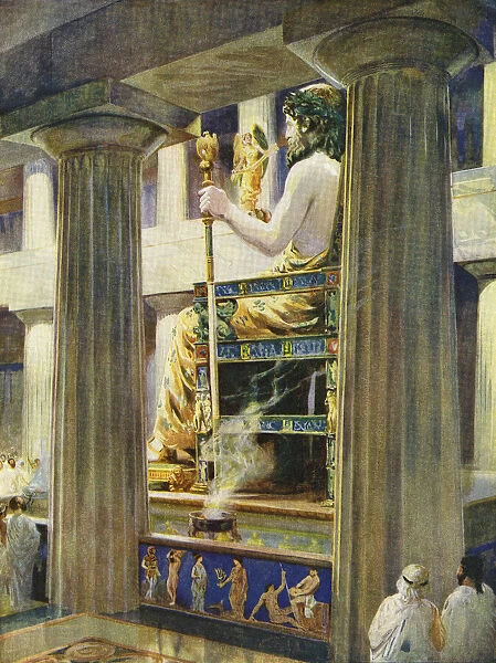 Statue of Zeus in the Temple of Zeus, Olympia in ancient Greece. It was made by Greek sculptor Phidias around 435 BC and was one of the Seven Wonders of the Ancient World. After an illustration by Charles M. Sheldon; Artwork